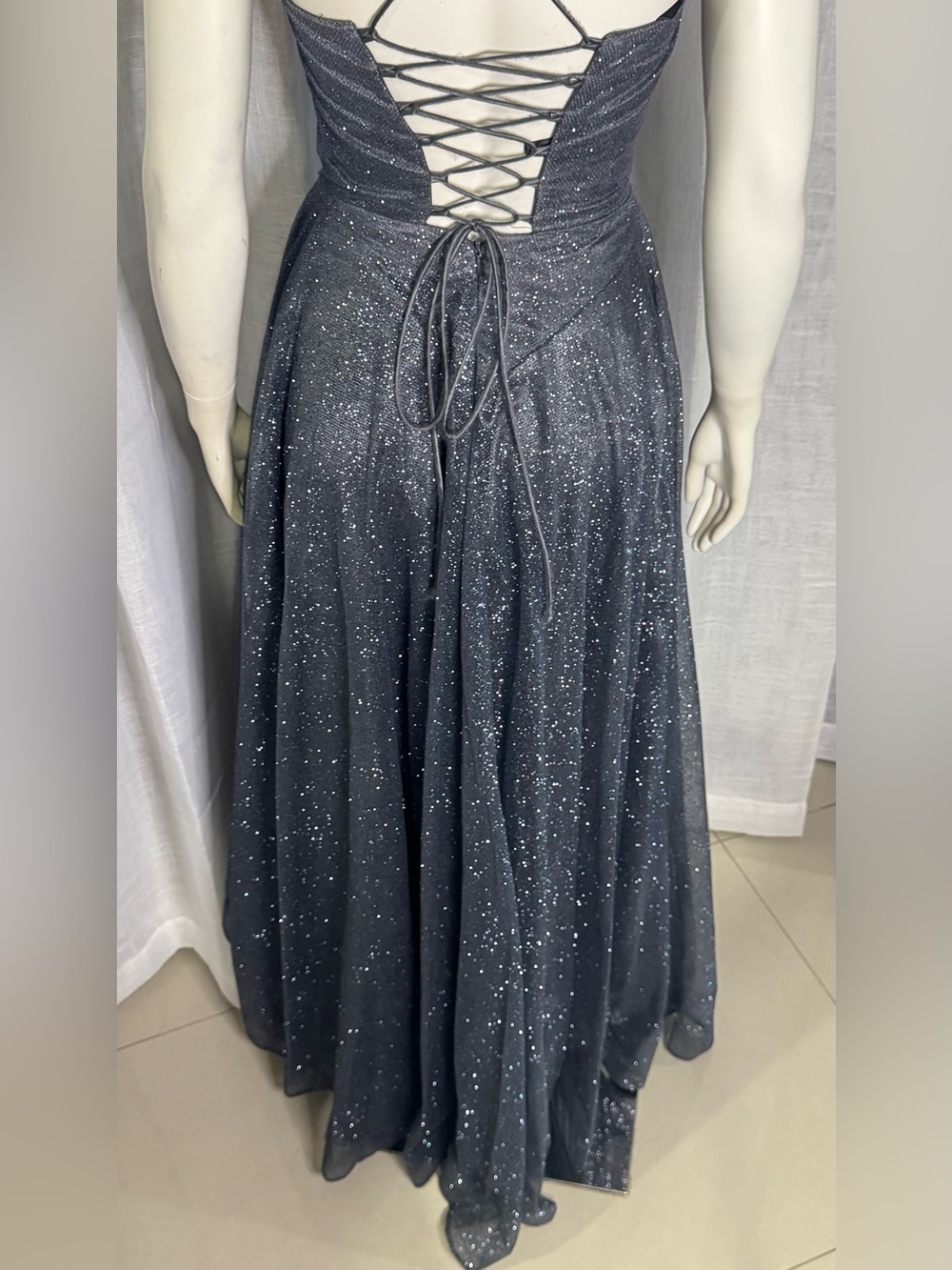 Charcoal Sparkly Corset Gown - Tie Back Dress with Long Train - Picture 3 of 11